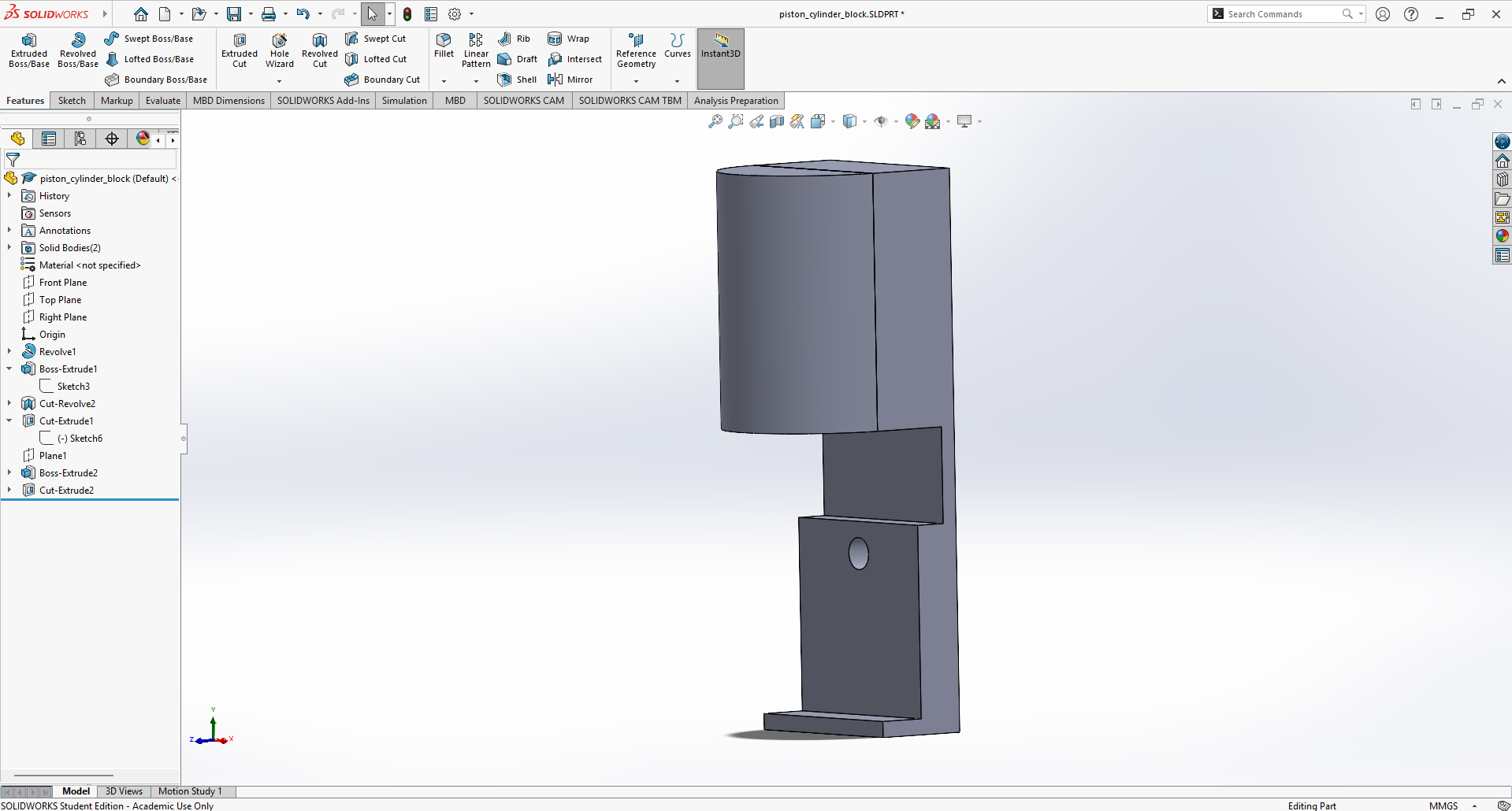 Final product of the cylinder block combinded with a part to hold the crank